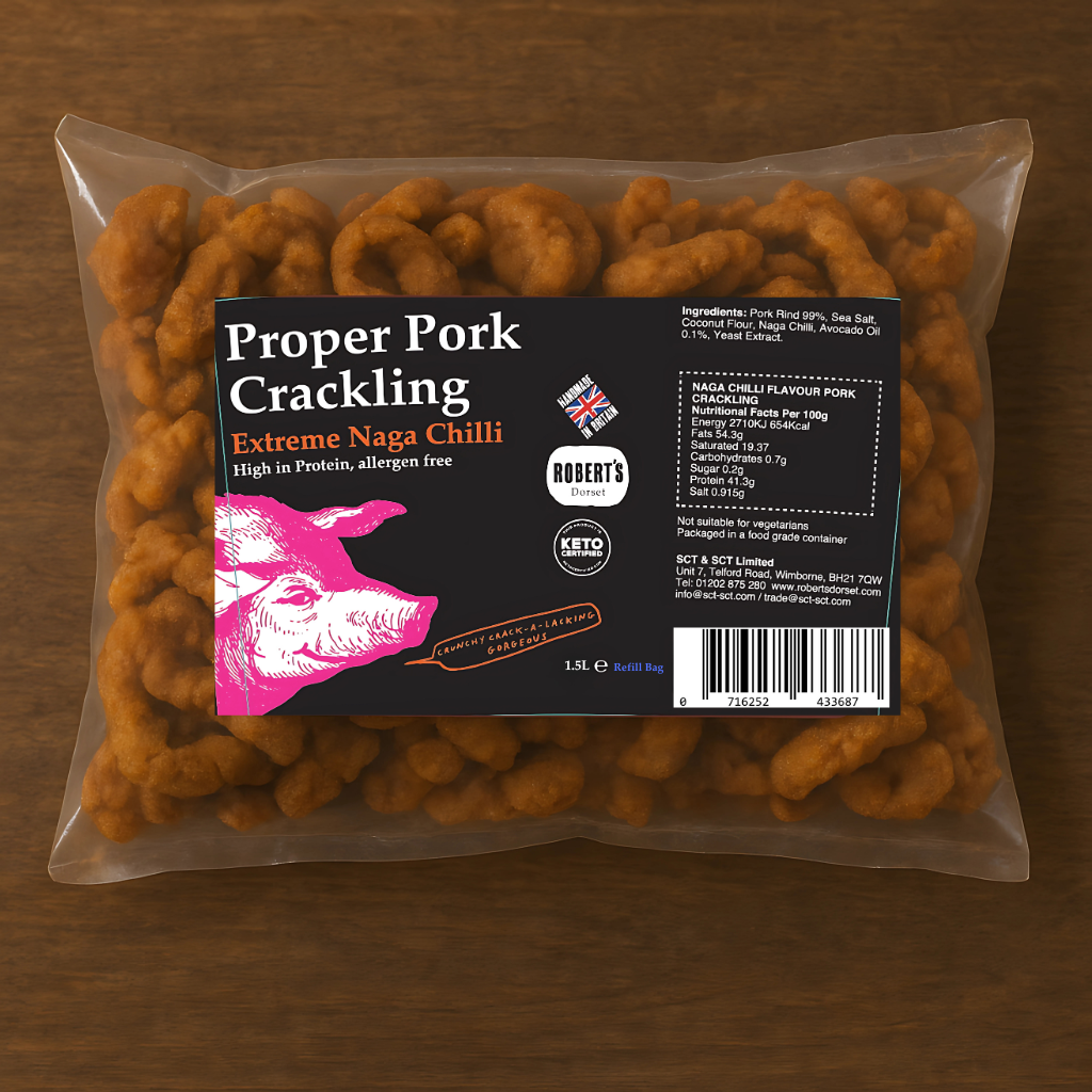 Robert’s Dorset – wholesale Puffed snack – Proper Pork Crackling 1.5L / 400g Refill Bag4