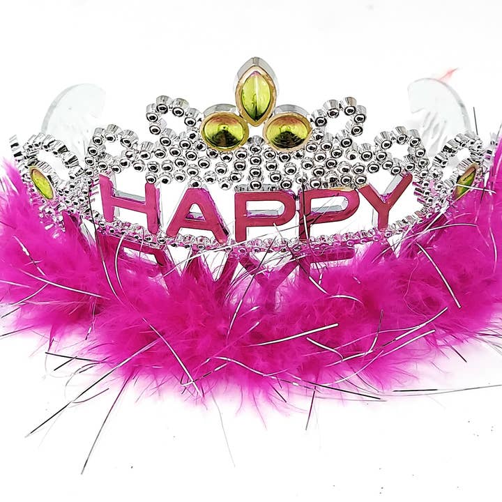 Tiara Happy New Year con borde de marabú, paquete de 12 colores surtidos para venta al por mayor de Fantasia Inc.