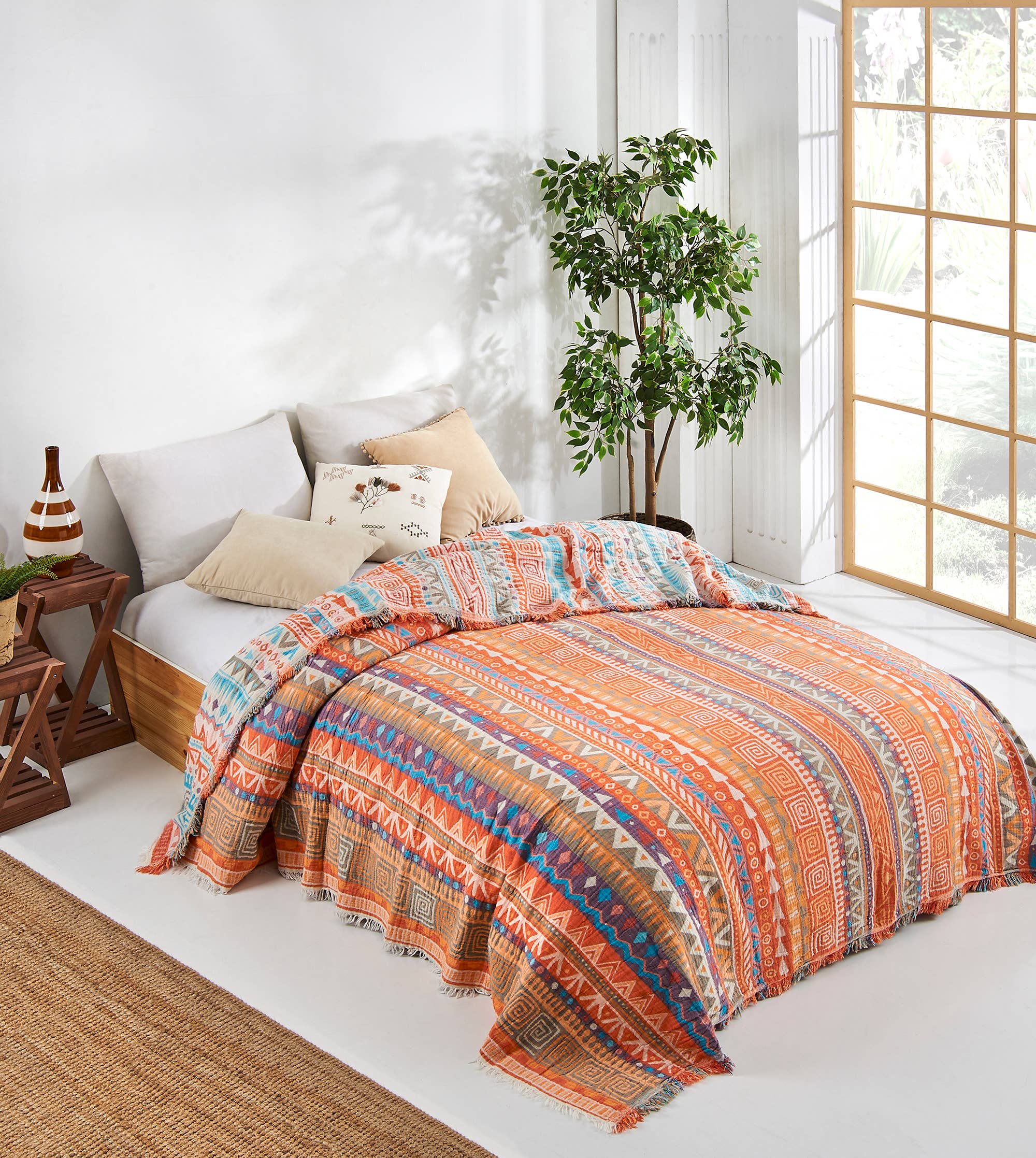 Kikoya – Cobertor de cama por atacado – Colcha Boho de Algodão Turco 100% para Verão com Estampa Boêmia0