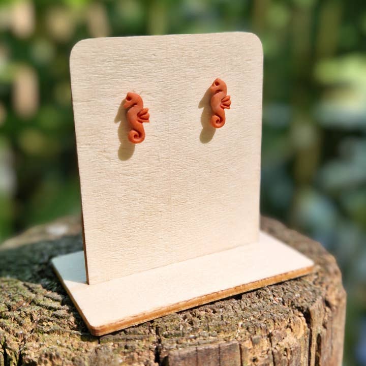 Handmade Polymer Clay Seahorse Hypoallergenic Stud Earrings for wholesale by Green Grove Designs