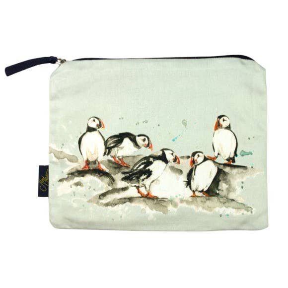 Meg Hawkins Puffin Group Zipped Pouch for wholesale by Nauticalia
