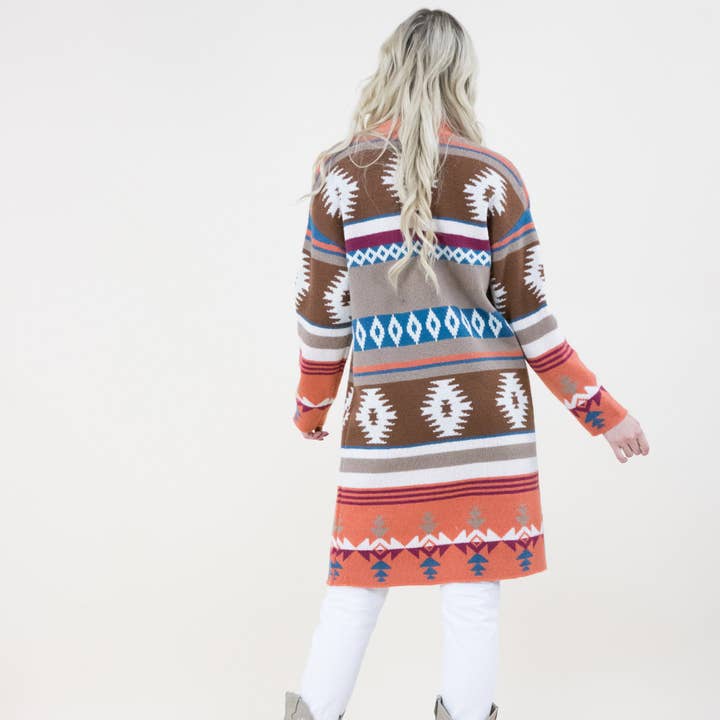 RUST TRIBAL SECTIONAL BLOCK PATTERN CARDIGAN FP64112 (6PC) for wholesale on Faire