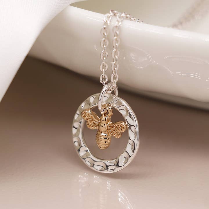 Silver Plated Hammered Hoop And Golden Bee Necklace for wholesale by Peace Of Mind