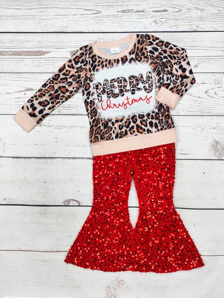 Conjunto de pantalones navideños con lentejuelas Cheetah para niñas para venta al por mayor de sassy kids palace