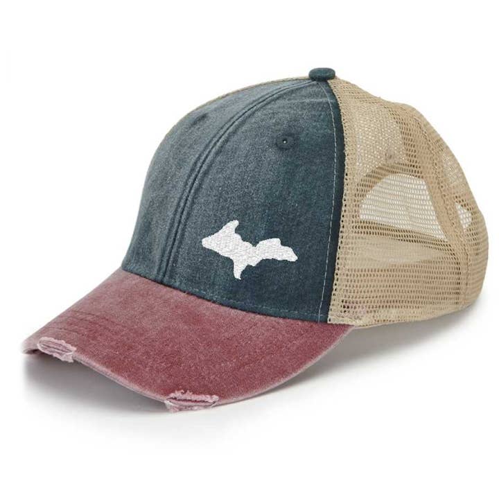 Michigan UP Off Center Hat - Distressed Trucker- Many Colors for wholesale by Gracie Designs