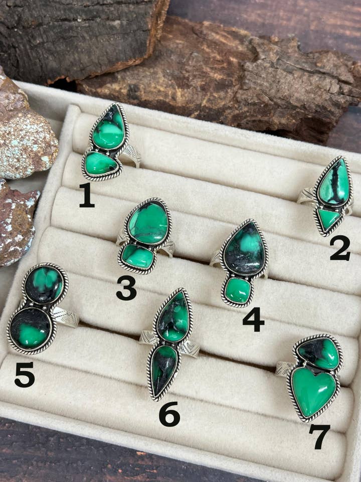 Handmade Sterling Silver Emerald Rose Adjustable Ring with Signed Nizhoni for wholesale by Nizhonitradersllc