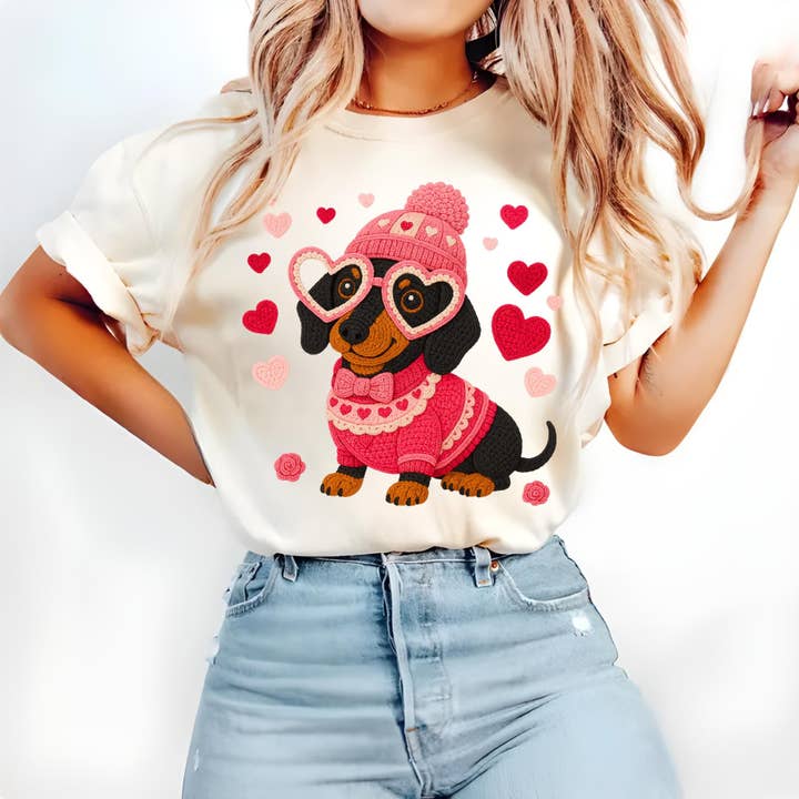 Maglietta Bassotto di San Valentino, Maglione di San Valentino in Finta Lana per la vendita all'ingrosso da parte di DLT Ecommerce