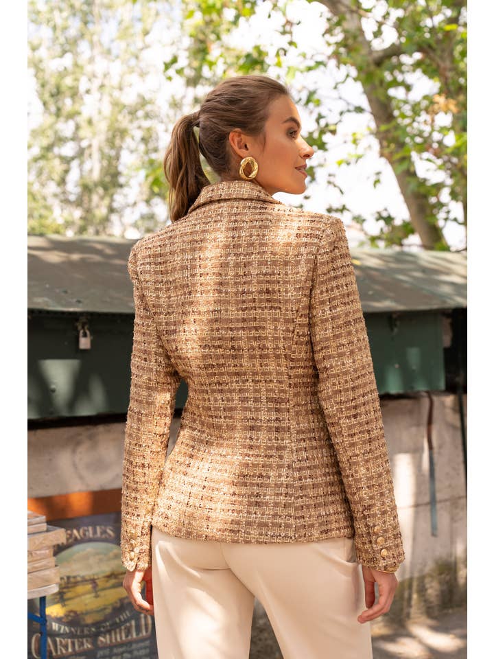 Attentif Paris – wholesale Blazer – Women's – Checked tweed double-breasted fitted blazer jacket