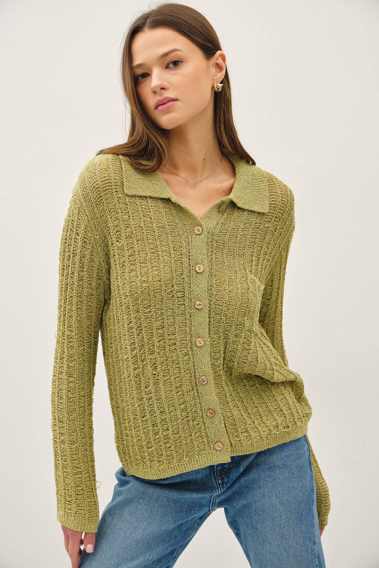 Be Cool - Wholesale Cardigan - Women's - BREEZY TEXTURED KNIT BUTTON UP COLLARED CARDIGAN 10