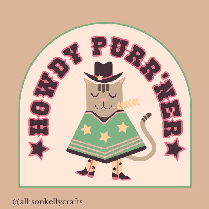 Adhesivo Howdy Purr'ner con forma de gato vaquero para venta al por mayor de Allisonkellycrafts
