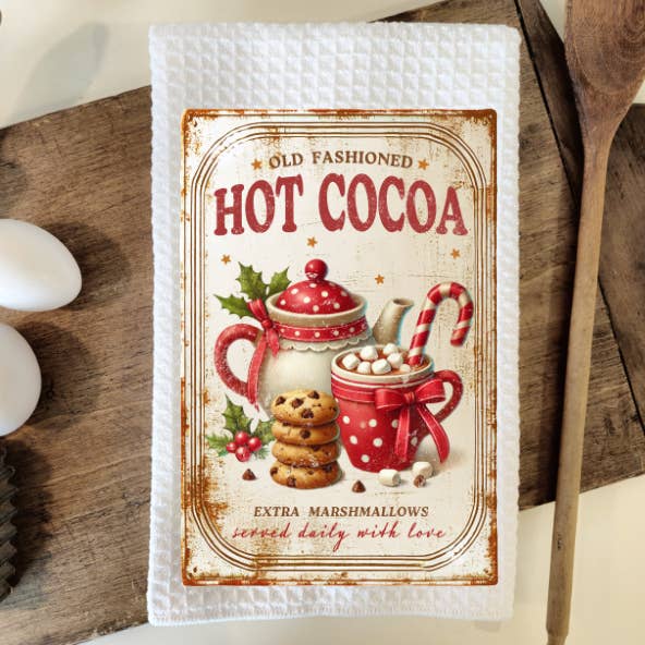 Hot Cocoa Vintage Christmas Dish Towel Tea Towel for wholesale by Prairie Chicken Sticker Shop & Gifts