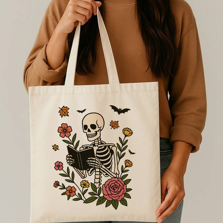 Skeleton Reading Canvas Tote Bag for wholesale by DaisyChainDesignCo