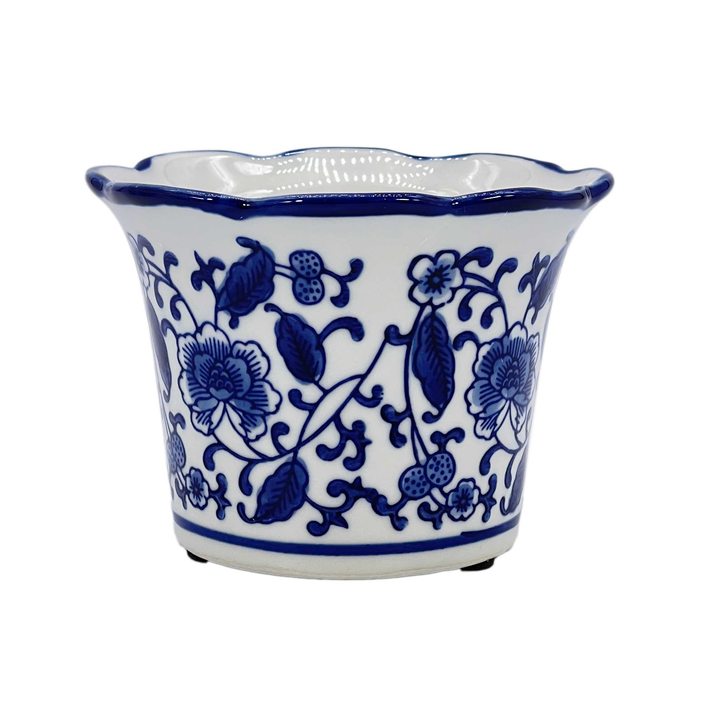 Galt International Company – wholesale Plant pot – Set of 3 Blue & White Floral Ceramic Pots Ruffled Lip Style210
