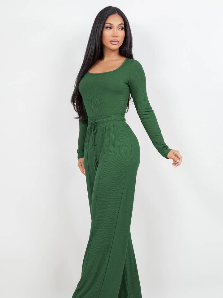 Long sleeve slinky bodysuit with matching flare pants set for wholesale by Color 5