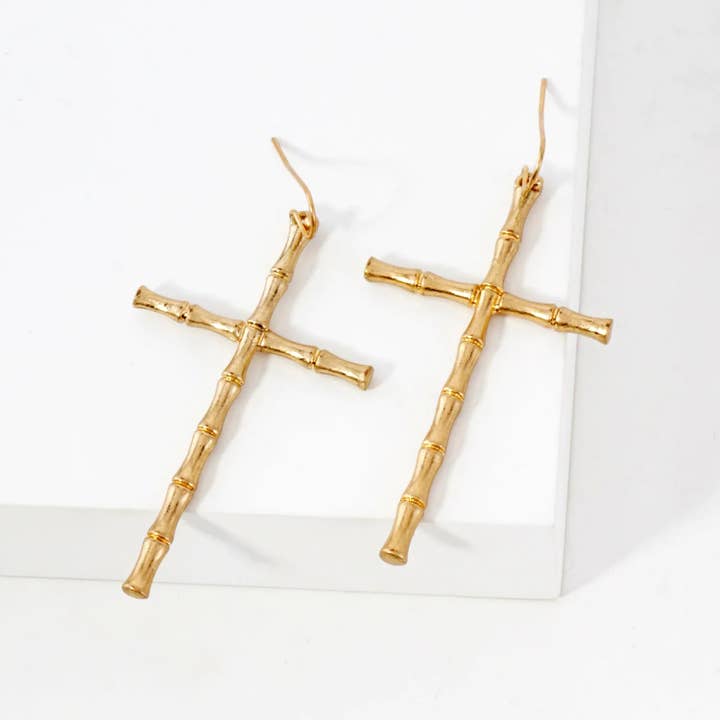 Wild Honey - Wholesale Dangle Earrings - Bamboo-Texture Metal Cross Dangle Earrings2