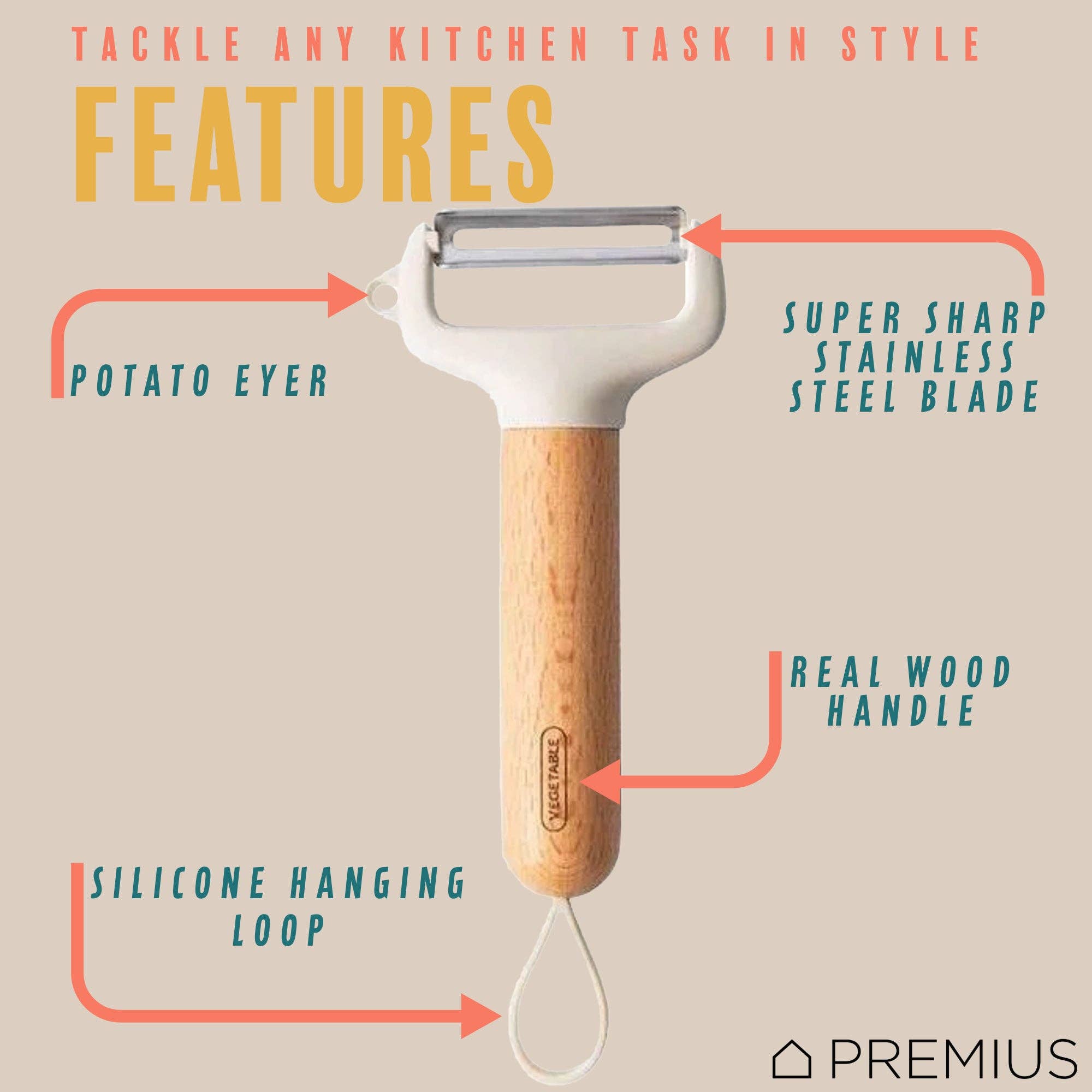 ShopBobbys - Wholesale Peeler - PREMIUS Wooden Vegetable Stainless Steel Blades Peeler with Potato Eyer, White-Natural1