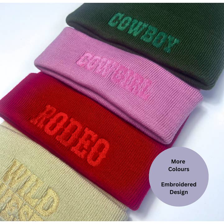 Wild West, Cowboy, Cowgirl and Rodeo embroidered beanie hats for wholesale by Thread and Needles Co