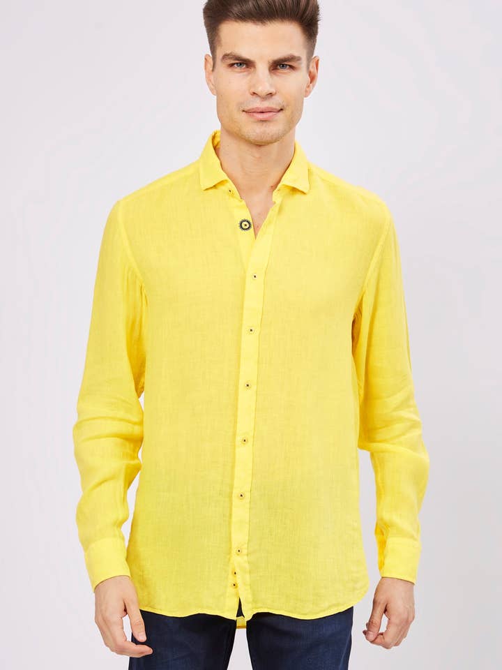 Leo Highlighter Gelbes Leinenhemd für den Großhandel von Luchiano Visconti