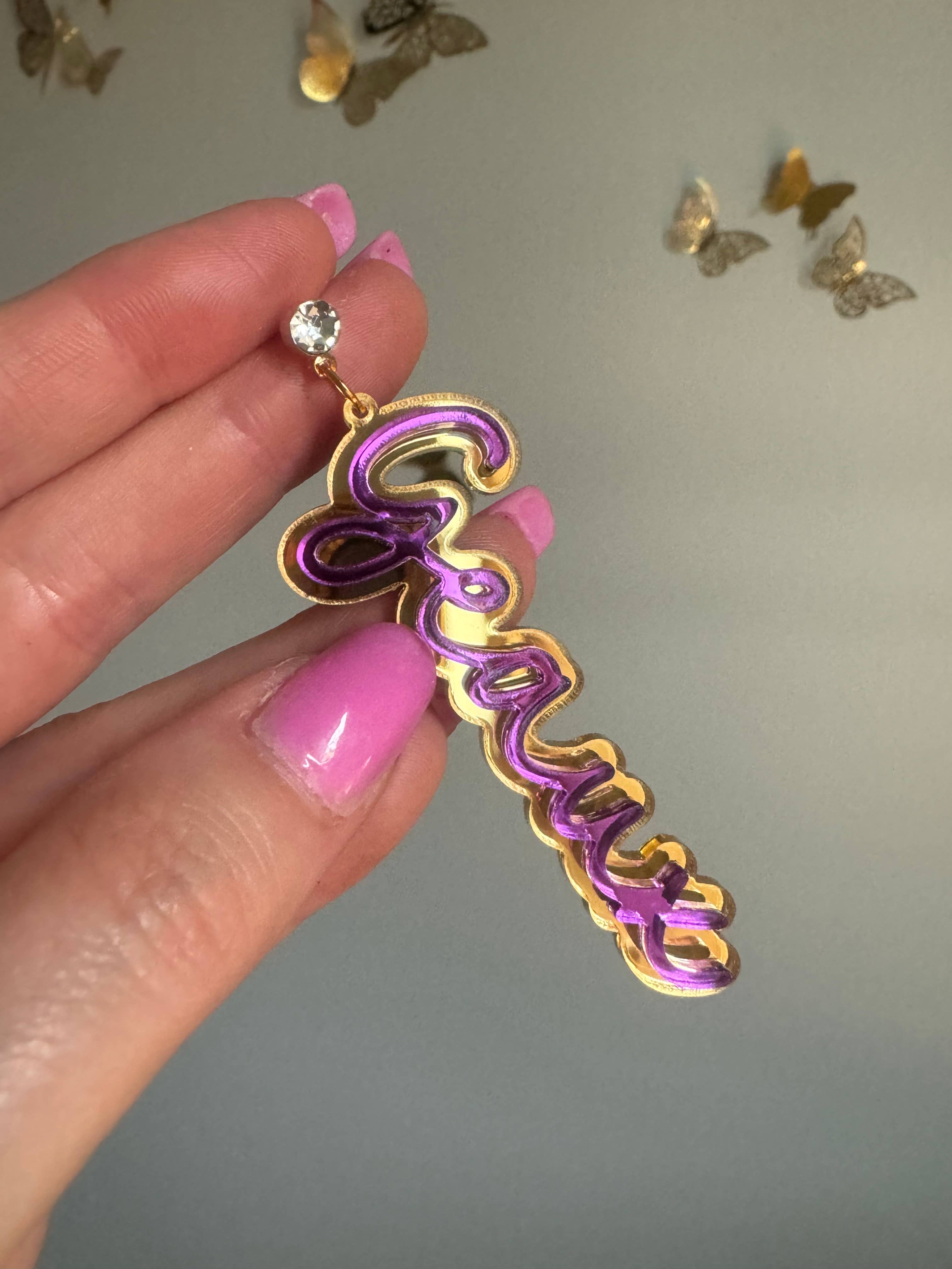 Louie Love - Wholesale Dangle Earrings - Gold Acrylic Geaux Louisiana State LSU Tigers Earrings3