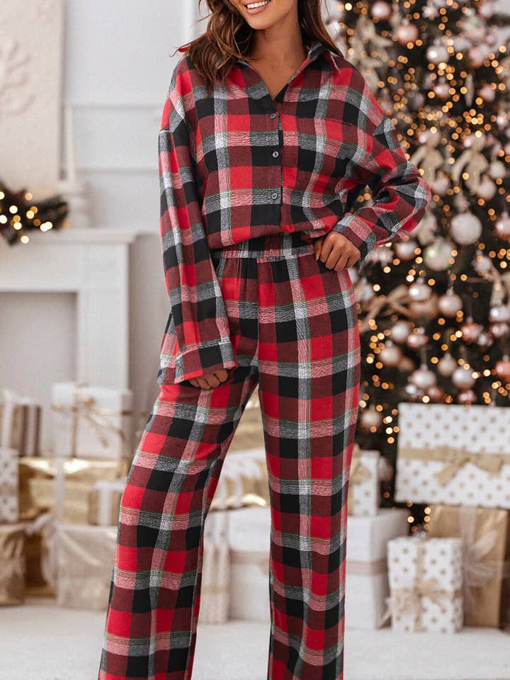 Red Christmas Checkered Pattern Loose Shirt and Pants Lounge Set for wholesale by Lovesoft