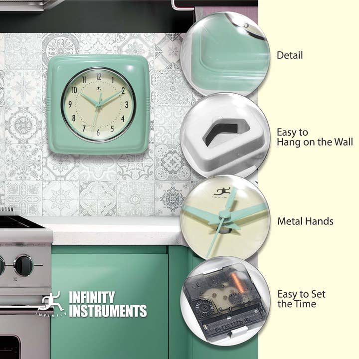 Retro Square Pastel Green Indoor Wall Clock 9.25 Inch for wholesale on Faire