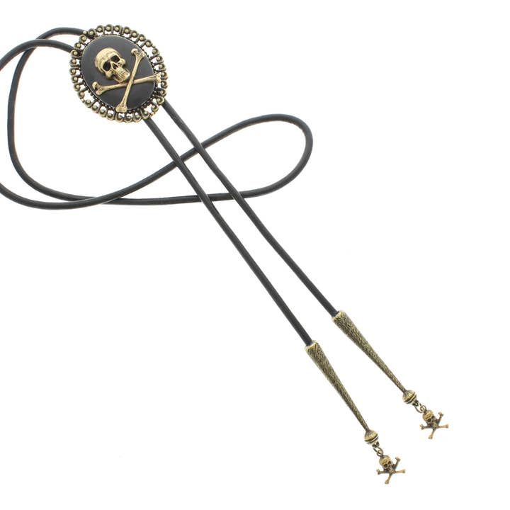 54mm x 45.2mm Skull & Crossbones Outlaw Bolo Tie, each for wholesale by HHH Designs