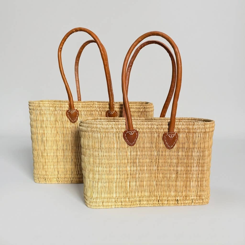 Melecraft - Wholesale Basket - Reed Market Basket Leather Handles - Natural Woven Tote Bag16