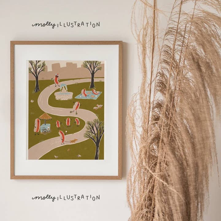 Hot Dog! Summer in the City Cartoon Print Wall Art for wholesale by Molly Illustration