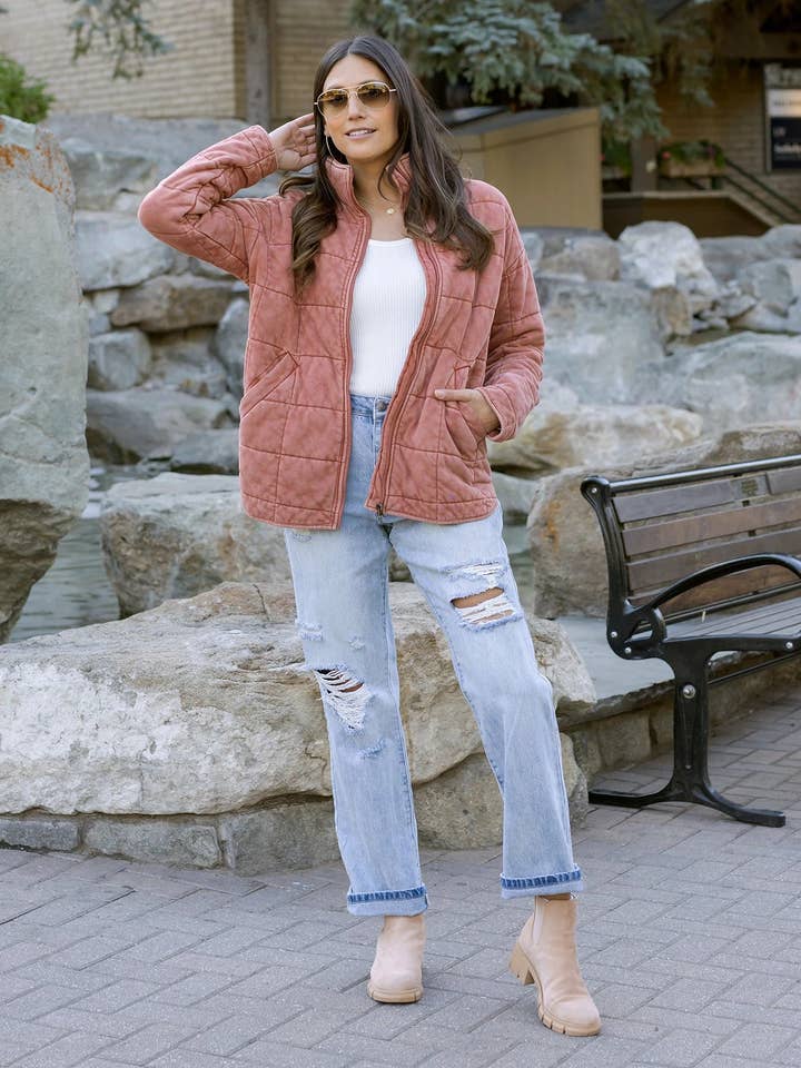 Mineral Washed Quilted Jacket in Terracotta for wholesale on Faire
