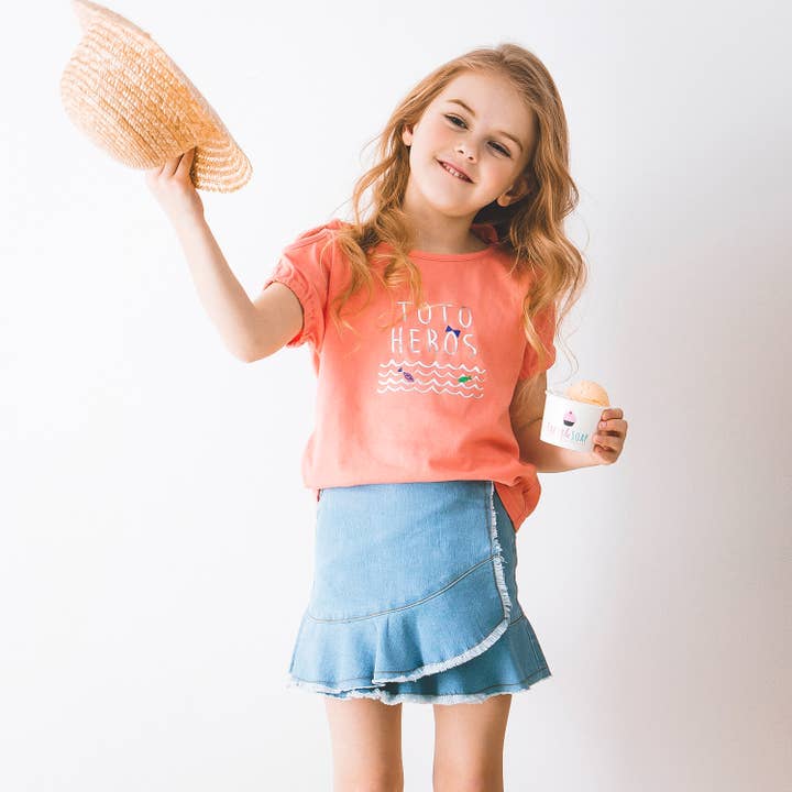 ToTo Heros - Wholesale Skirt - Kids - Ruffle Hem Unbalanced Mini Denim Skirt
