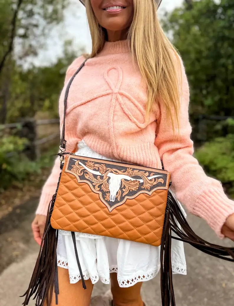 Boho Ranch Shop - Wholesale Crossbody Bag - Women's - LAINEY CROSSBODY steer longhorn -quilted leather purse bag1