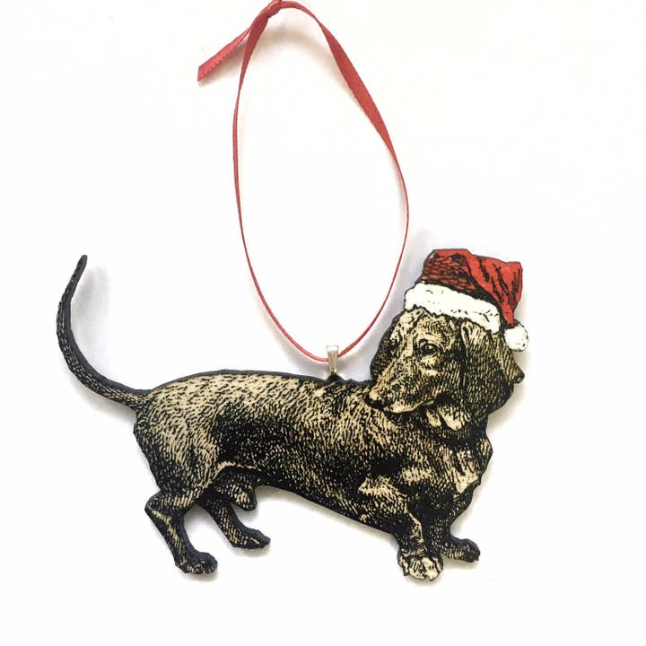Hand Painted Santa Hat Dachshund Dog Christmas Ornament for wholesale by Toad Hill Farm