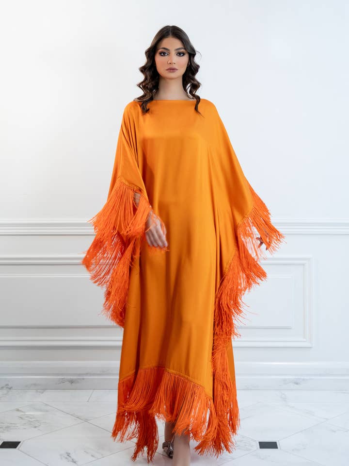 Latifa Fringe Orange Caftan Dress for wholesale by Unmatched BYU