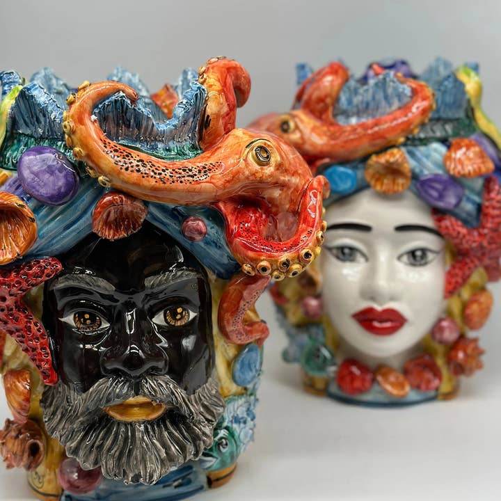 DD Ceramiche Siciliane - Venta al por mayor Figura decorativa - Teste di Moro Nettuno Ceramica Caltagirone cm H.30 L.24 Decoración siciliana hecha a mano