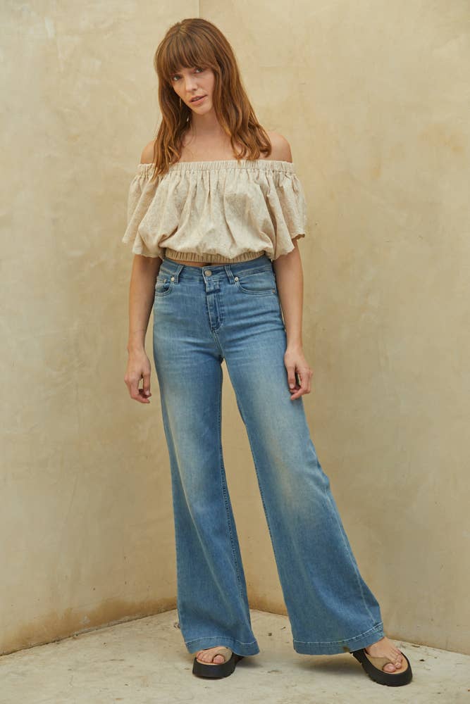 Almond L6210 | Woven Cotton Embroidery Off The Shoulder Crop Top for wholesale on Faire