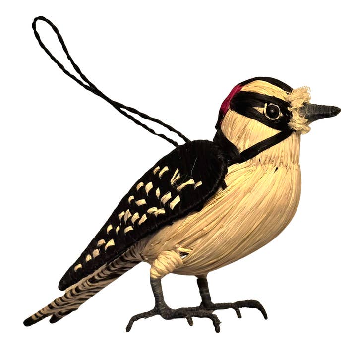 DOWNY WOODPECKER BIRD WOVEN ORNAMENT - HANDMADE BY PERUVIAN AMAZON ARTISAN for wholesale by Amazon Ecology