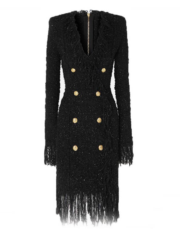 Black DR061Y Women Shiny Tweed Fringed Dress Tassel Dress for wholesale on Faire2