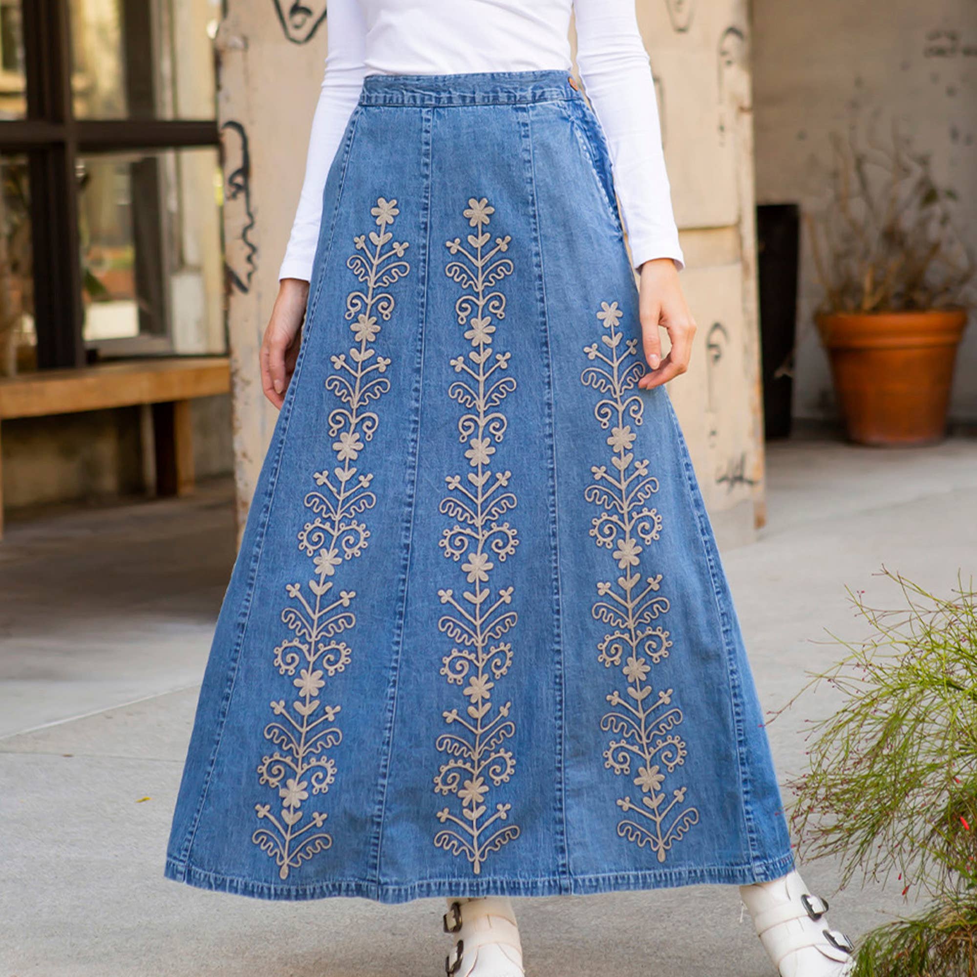Young Threads - Wholesale Skirt - Women's - Artisan Floral Embroidered Denim Maxi Skirt (NEW)0