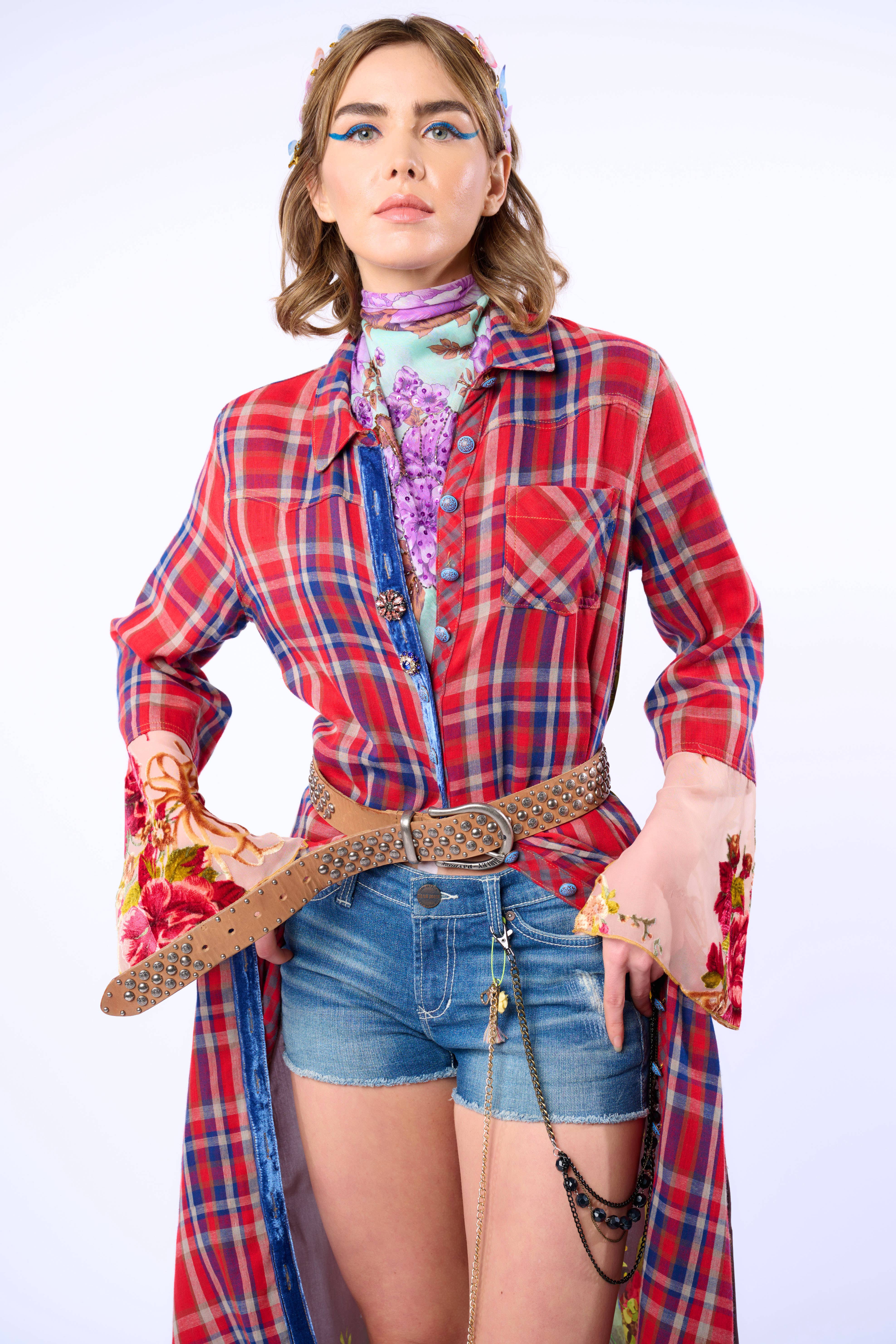 Rode geruite combinatie Anna knoopsluiting Maxi Overhemdjurk / Duster voor groothandel op Faire12