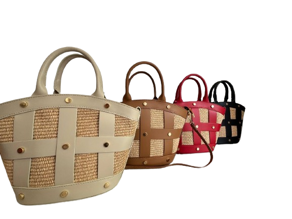 JIJOU CAPRI - Wholesale Crossbody Bag - Women's - Cecile Leather & Raffia Studded Crossbody Bag JIJOU CAPRI1