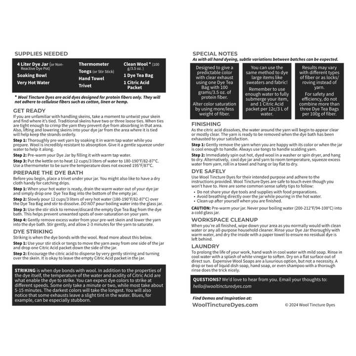 Wool Tincture Dyes - Wholesale Craft Supplies - Instruction Sheets - Complete Dyeing Guide2