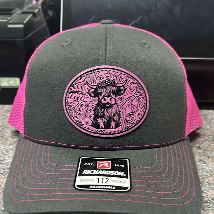 Highland Cow Hat Leather engraved for wholesale by Faith'sVarietyShop