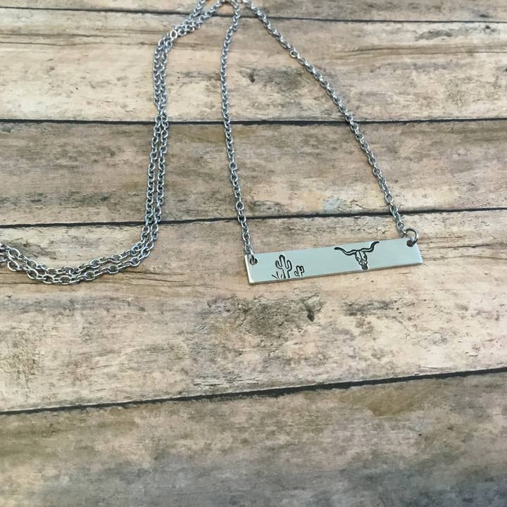 Longhorn skull & cactus stamped bar necklace silver color for wholesale by Jamie Haley Designs
