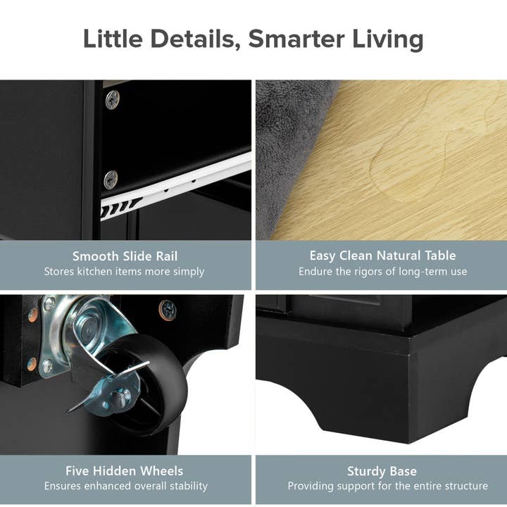 HOMYCASA DESIGN INC - Wholesale Kitchen Storage/Organizer - K&K Kitchen Island with 6 Drawers, Pull Out Trash Can Storage, Rolling Kitchen Island on 5 Wheels with Drop Leaf, Power Outlet, 5 Open Side Racks for Kitchen, Dining Room, Black7