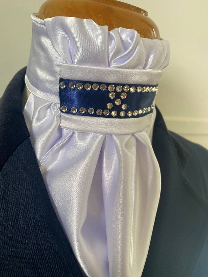HHD White Satin Dressage Euro Stock Tie ‘Blossom’ In Navy Blue with Swarovski for wholesale by Heavenly Horse Designs