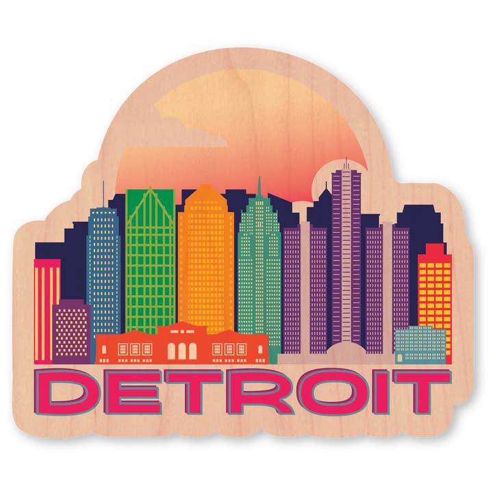 Mini-autocollant en bois - Detroit MI Retro Skyline pour la vente par Morris Magnets