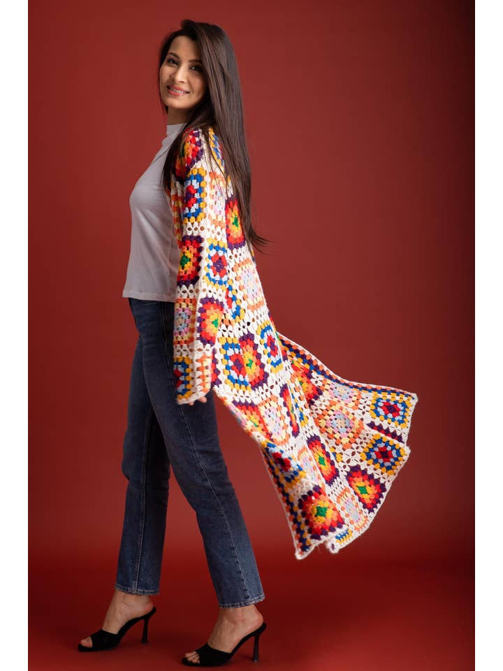 SAACHI - Vente Kimono – femme - Cardigan kimono long en crochet granny à motifs floraux multicolores16