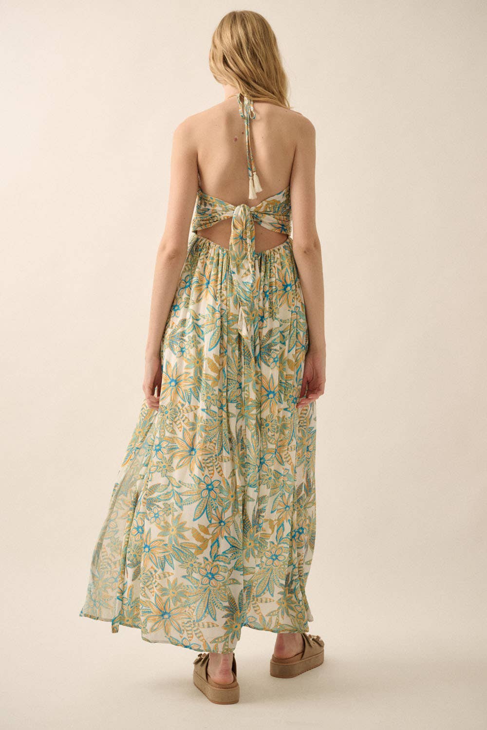 Off White Blue Floral Crepe Tie-Back Halter Maxi Dress for wholesale on Faire8