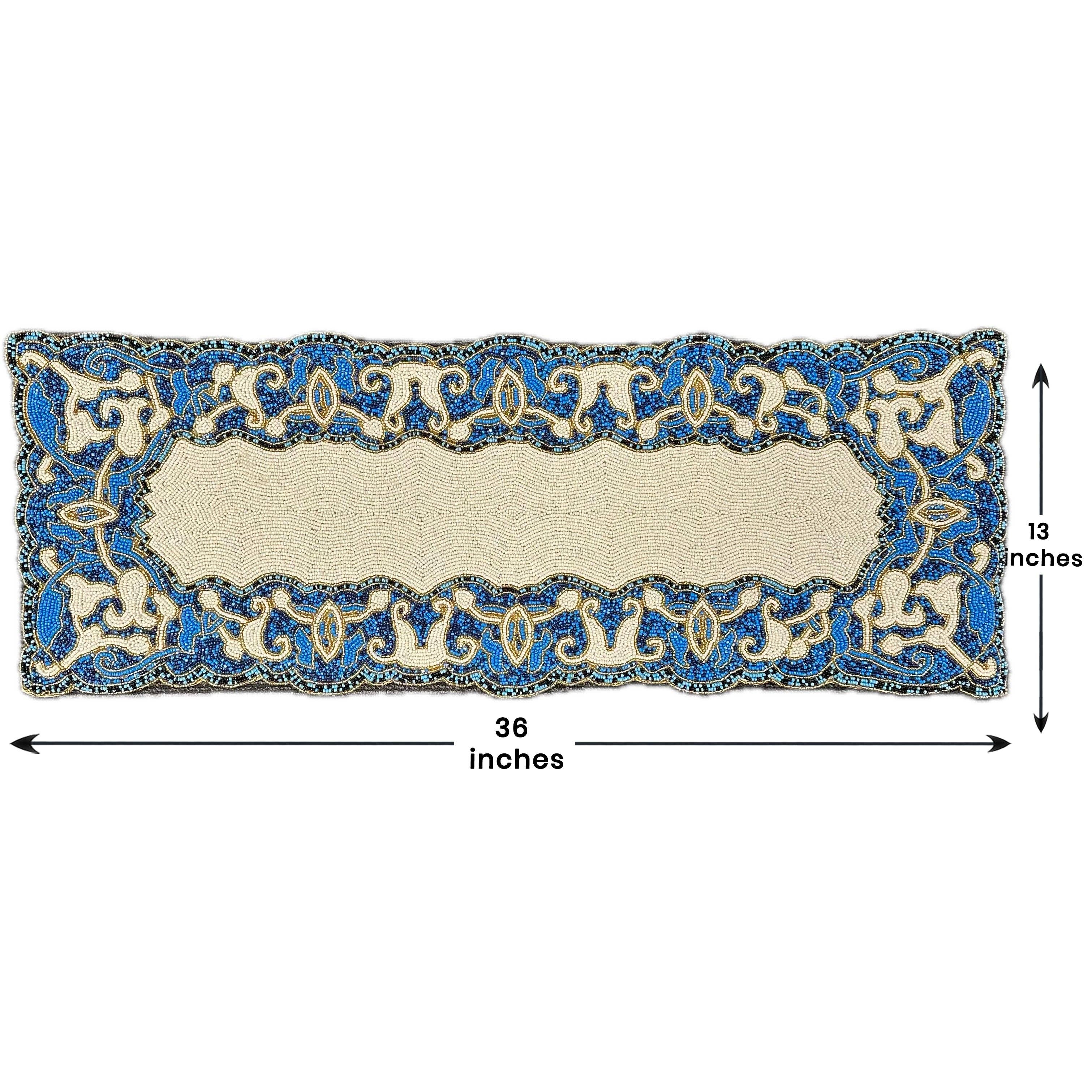 Decozen – wholesale Table runner – Beaded Table Runner - White Blue 36" x 13"6