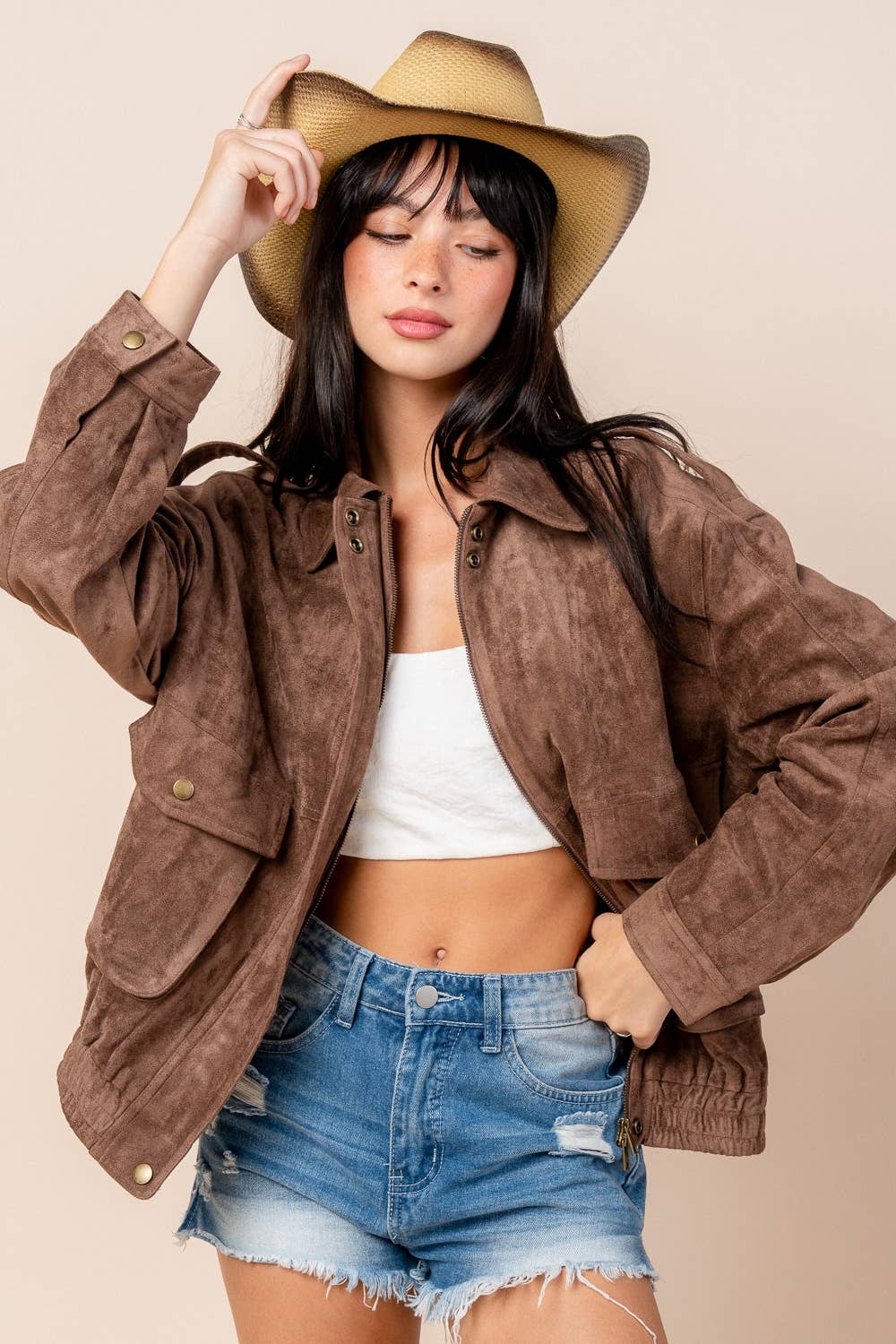 CHOCOLATE CG60095E / FAUX SUEDE JACKET WITH POCKET DETAILS for wholesale on Faire3